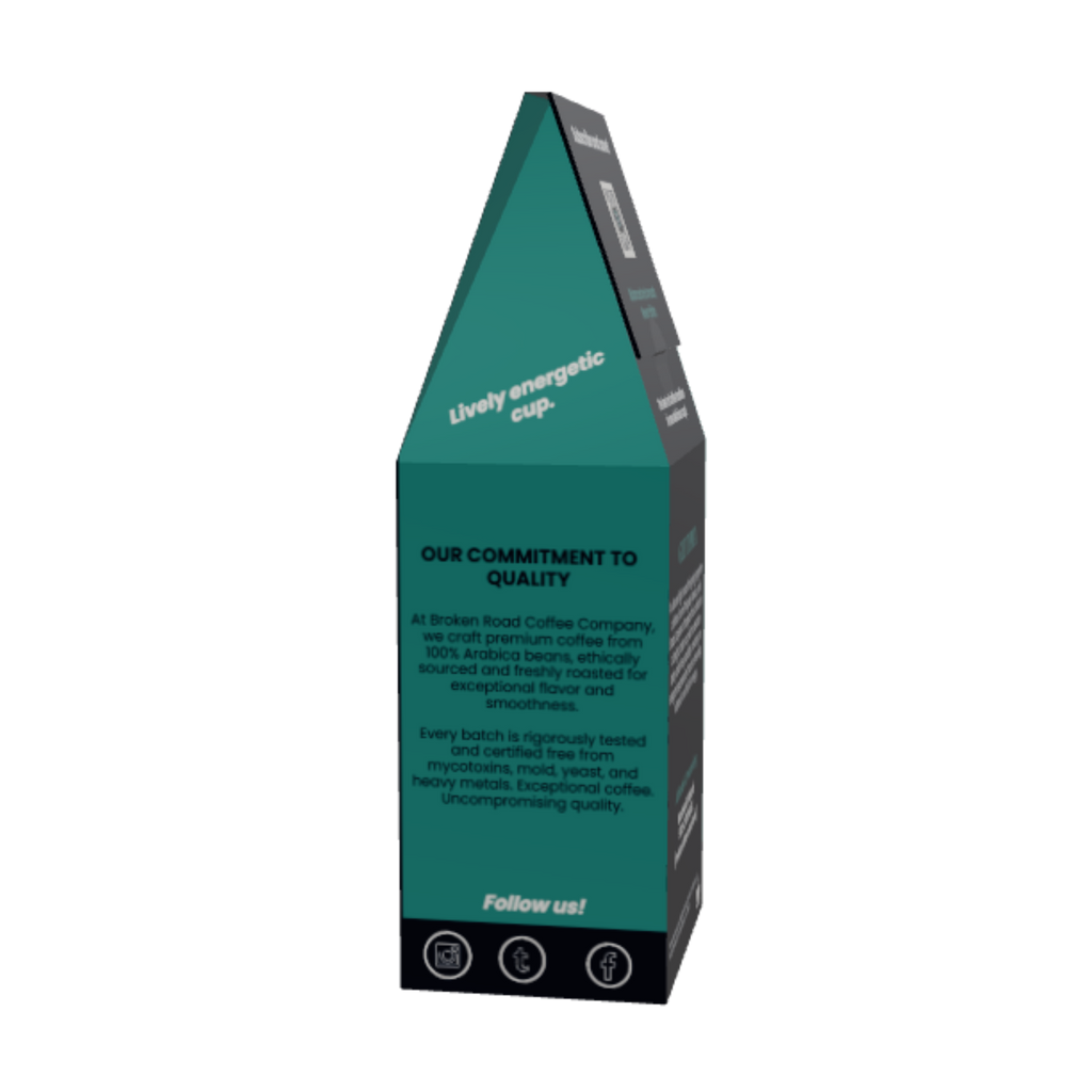 A tall, narrow pyramid-shaped product box for 'Guija Typica coffee, Coffee' on a solid white background. The box is primarily dark teal green with black side panels and white text.