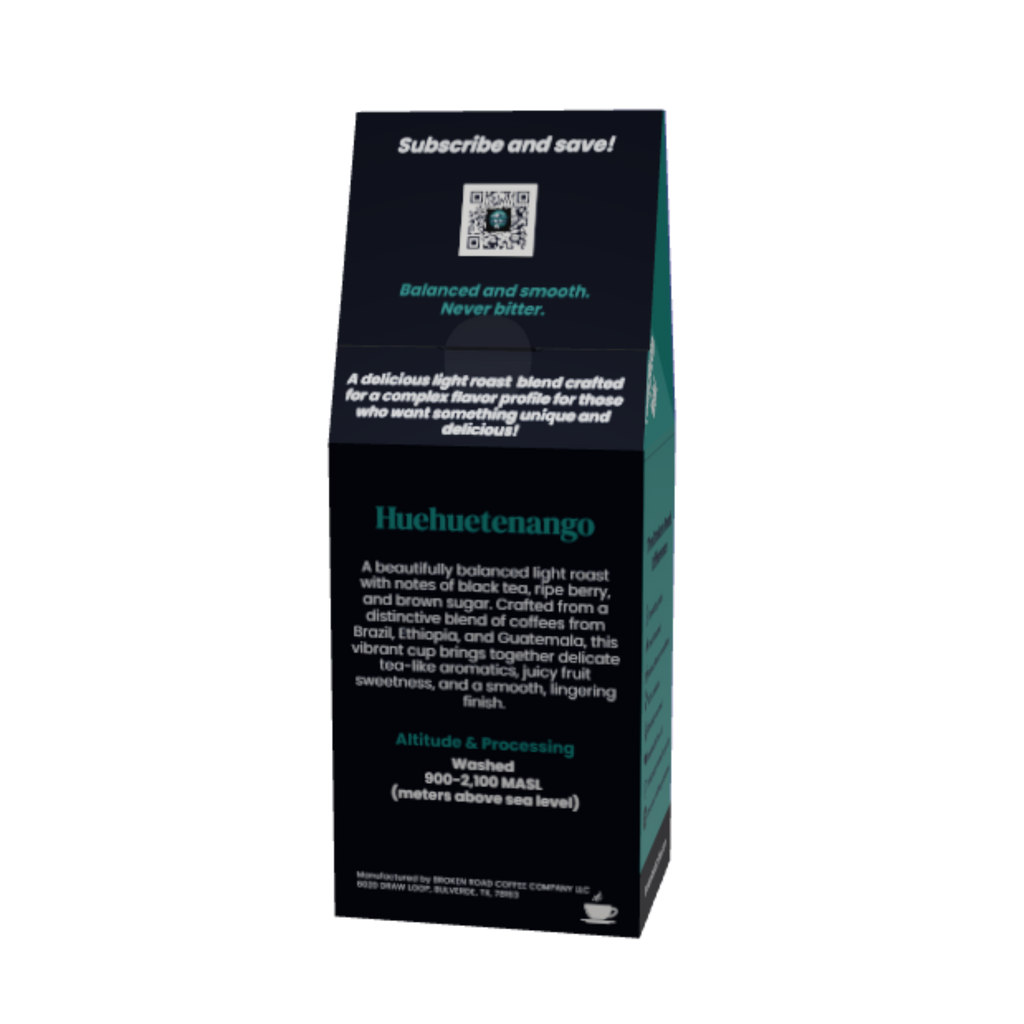 A tall, narrow black product box for Huehuetenango coffee blend featuring white and teal text on a white background.