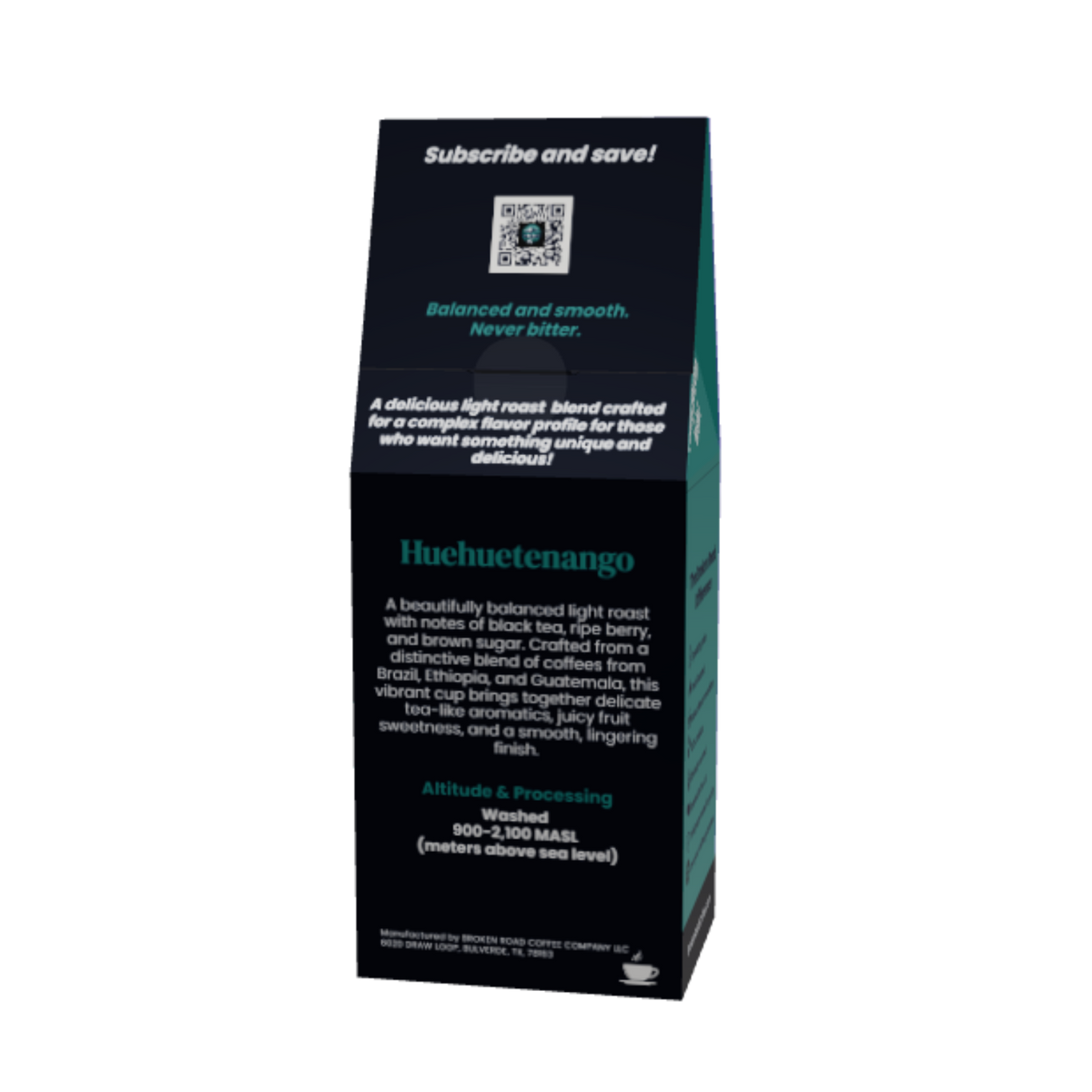 A tall, narrow black product box for Huehuetenango coffee blend featuring white and teal text on a white background.
