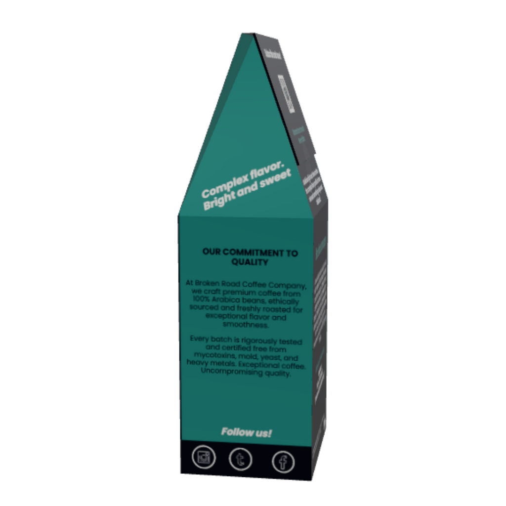 A tall, narrow green coffee product Huehuetenango coffee broken road coffee company
