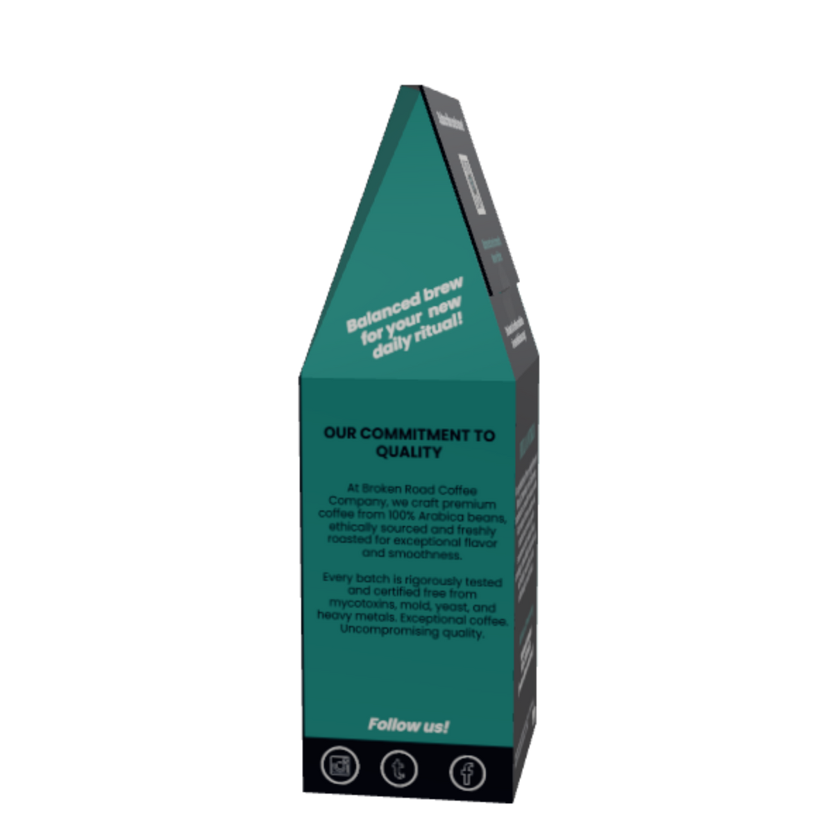 HUILA ANTIGUA coffee in a narrow green and black branded box or package standing upright on a plain white background. The front shows the text 'OUR COMMITMENT TO QUALITY' and 'Follow us:' with social icons at the bottom, and a teal triangular top section with white text.