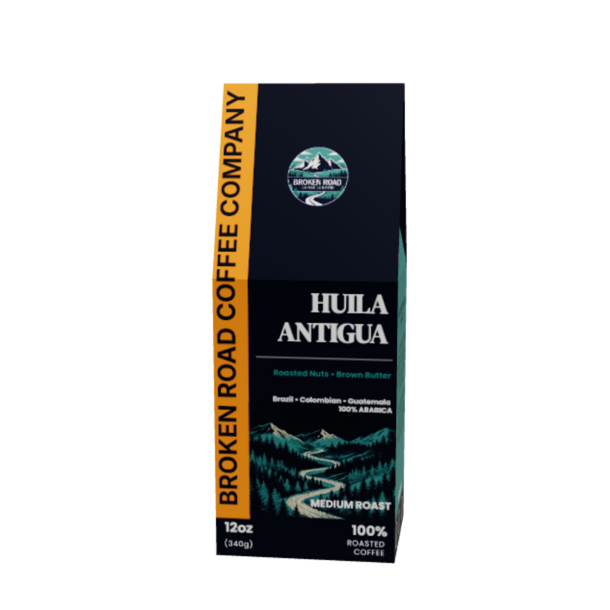 A tall, navy blue coffee bag package with teal side panels and white text, photographed on a plain white background. The front shows the coffee name HUILA ANTIGUA.