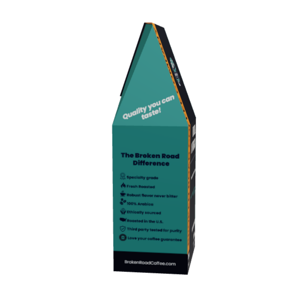 A freestanding pyramid-shaped coffee bag or package on a plain white background. The front is teal with black side panels and white text reading 'The Broken Road Difference' and 'BrokenRoadCoffee.