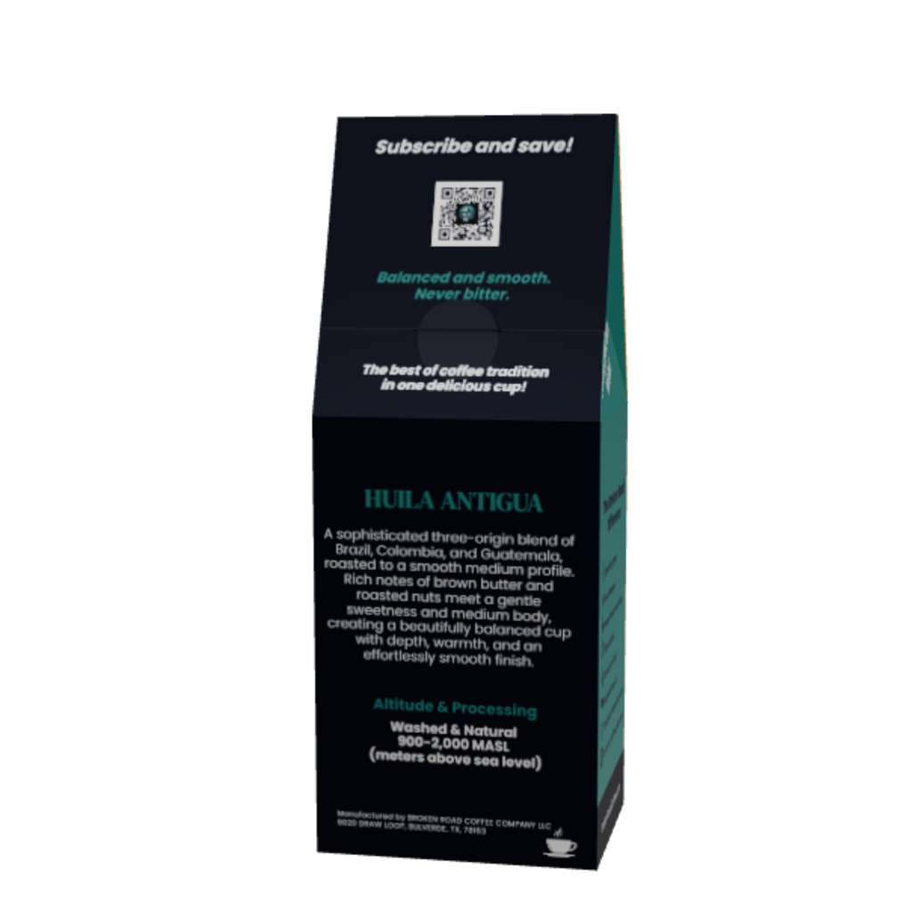 A tall, narrow black coffee bag package for Huala Antigua, featuring white and teal text on a clean white background.