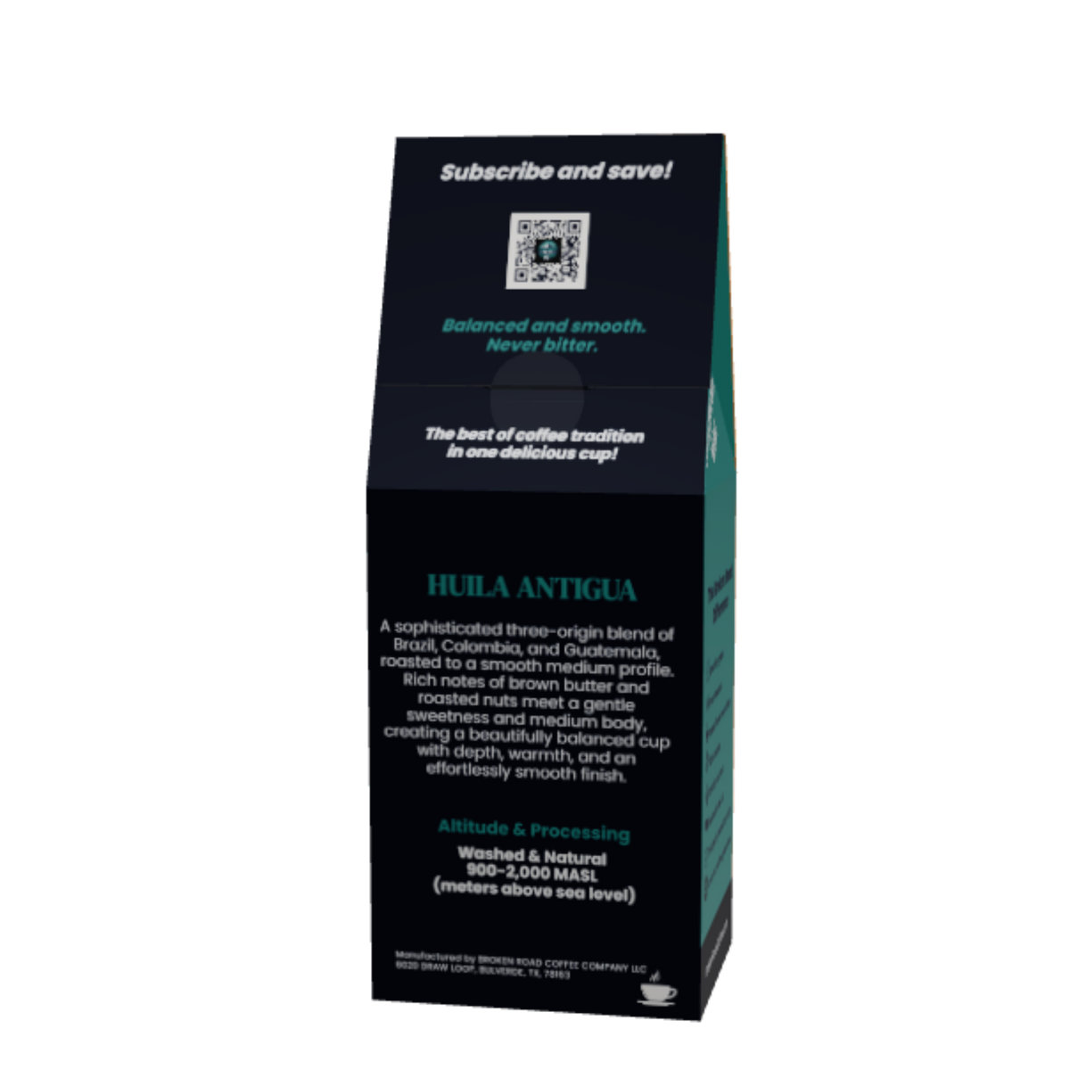 A tall, narrow black coffee bag package for Huala Antigua, featuring white and teal text on a clean white background.