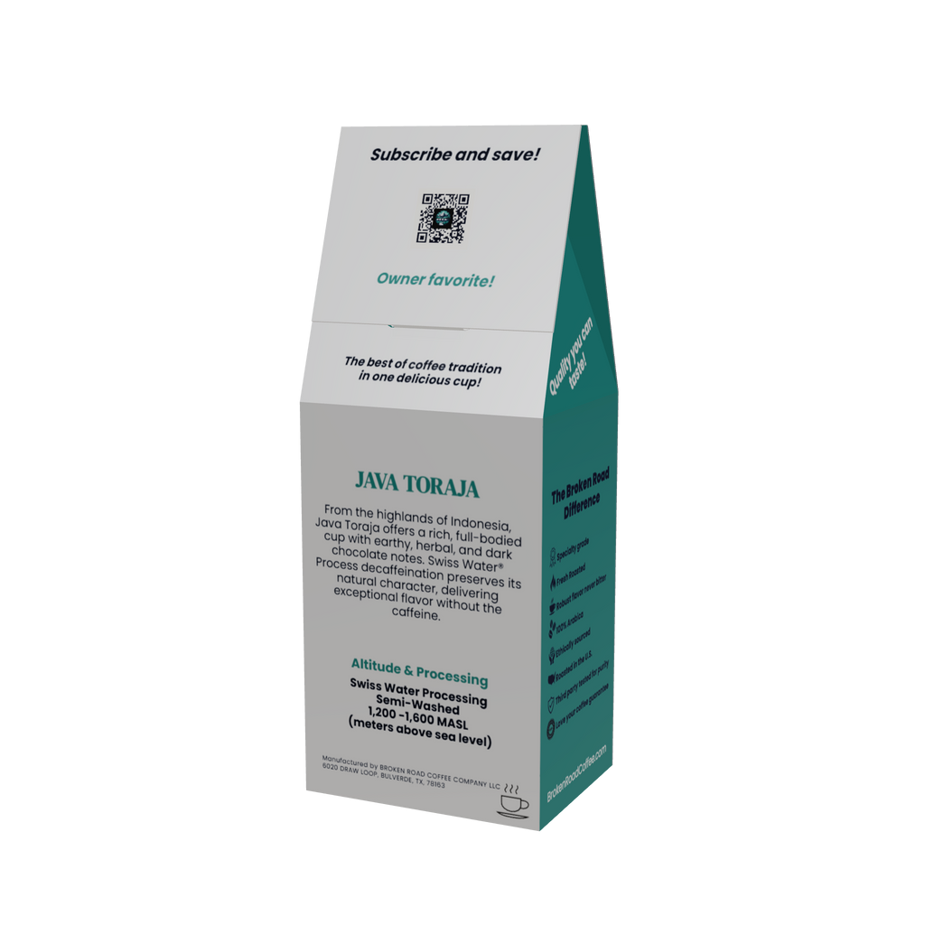 A stand-up paper coffee bag package for Java Toraja coffee, shown on a plain white background. The bag is light gray on the front with teal side panels and printed text including 'Subscribe and save!', 'Owner favorite!', and product details.