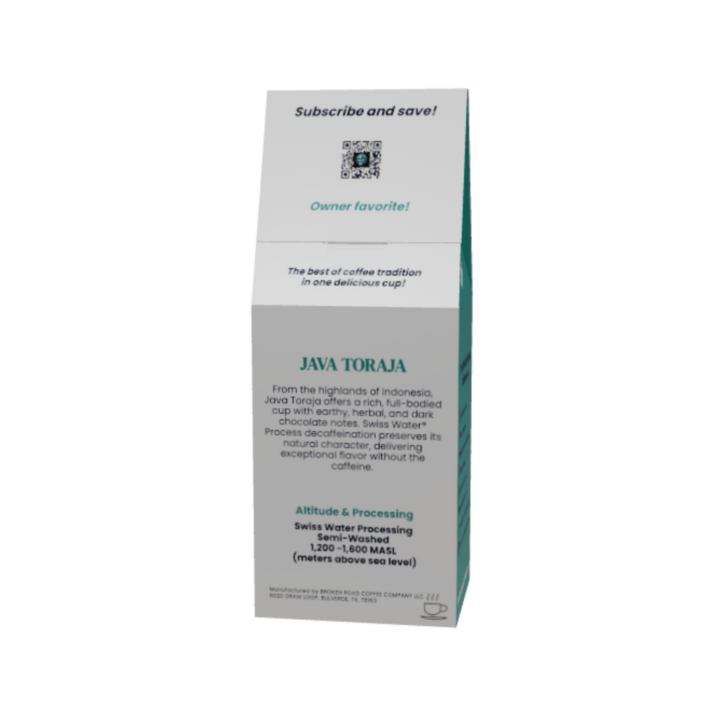 A tall rectangular coffee bag package labeled JAVA TORAJA, shown on a plain white background. The package is mostly light gray with teal text and a small illustrated coffee bean graphic near the top.