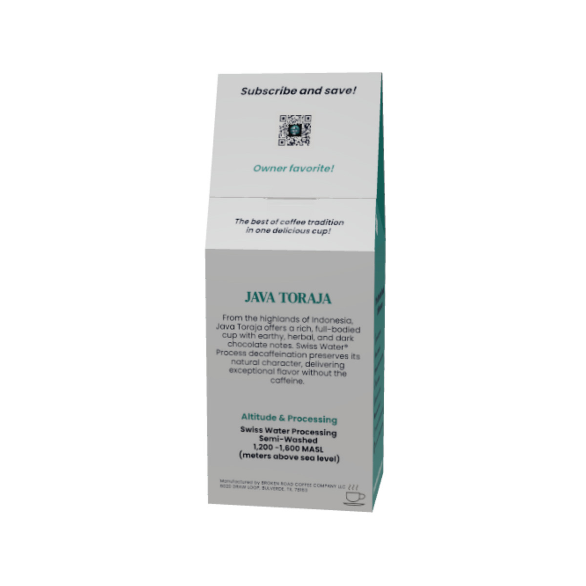 A tall rectangular coffee bag package labeled JAVA TORAJA, shown on a plain white background. The package is mostly light gray with teal text and a small illustrated coffee bean graphic near the top.