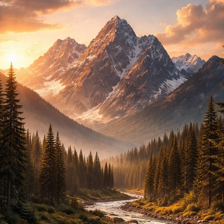 Mountain landscape with a stream and trees during sunset.