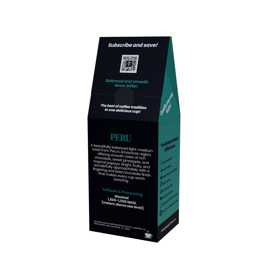 A tall, black coffee bag package with teal side panels and white text, shown on a plain white background. The front reads 'PERU' and includes descriptive coffee origin text, a QR code, and subscription messaging.