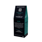A tall, black coffee bag package with teal side panels and white text, shown on a plain white background. The front reads 'PERU' and includes descriptive coffee origin text, a QR code, and subscription messaging.