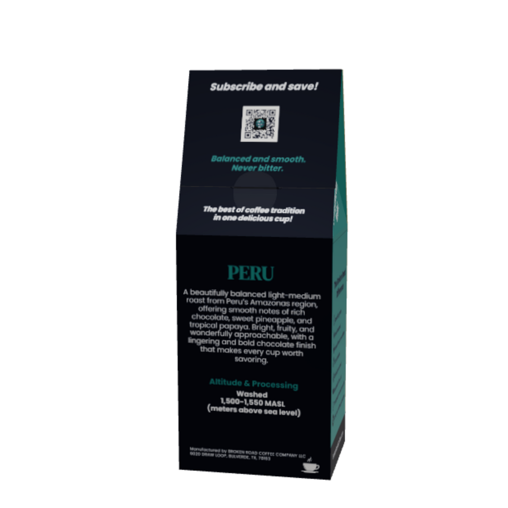 A tall, dark green and black coffee bag package for 'PERU' from the brand Broken Road Coffee Company