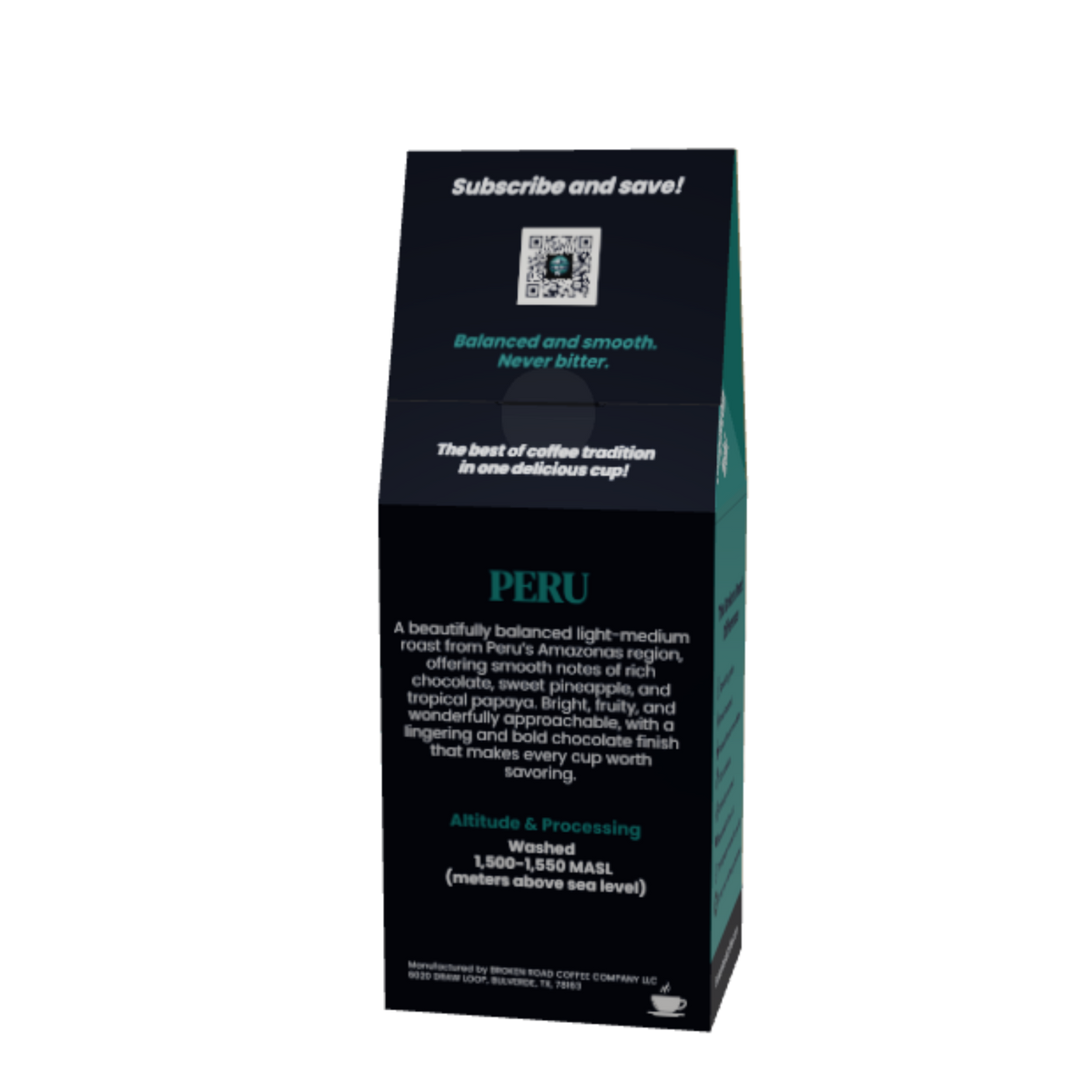 A tall, dark green and black coffee bag package for 'PERU' from the brand Broken Road Coffee Company