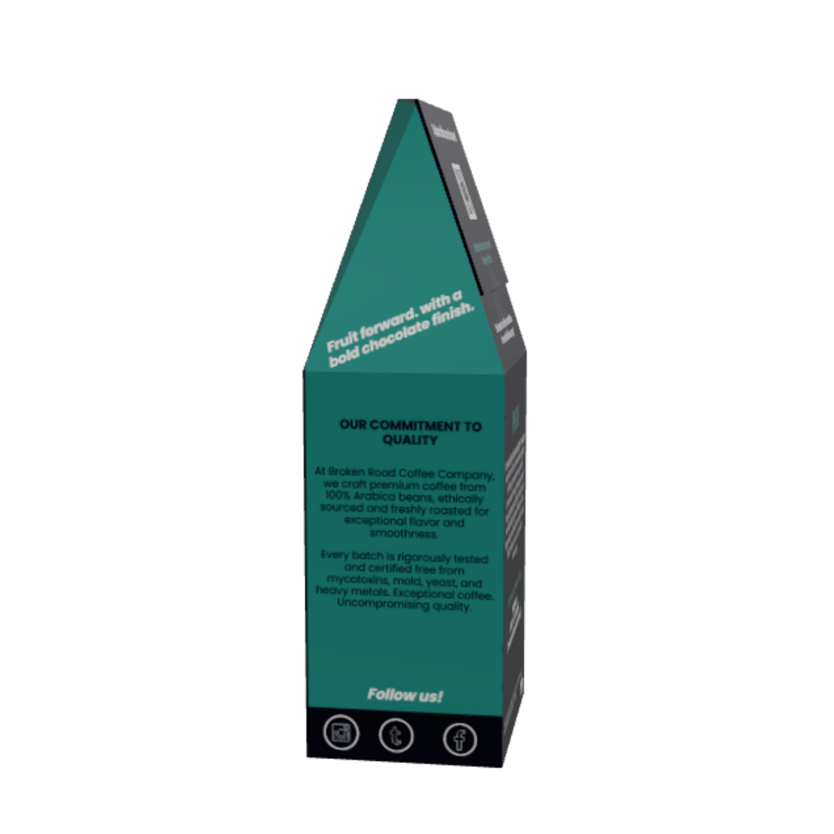 A tall, narrow green package of Broken Road Coffee Company Peruvian Chocolate single-origin coffee, with printed text