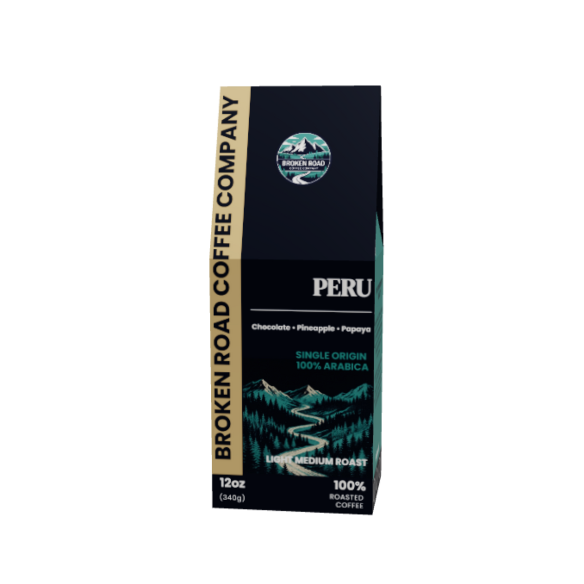 A package of Broken Road Coffee Company Peruvian Chocolate single-origin coffee, shown against a plain white background.