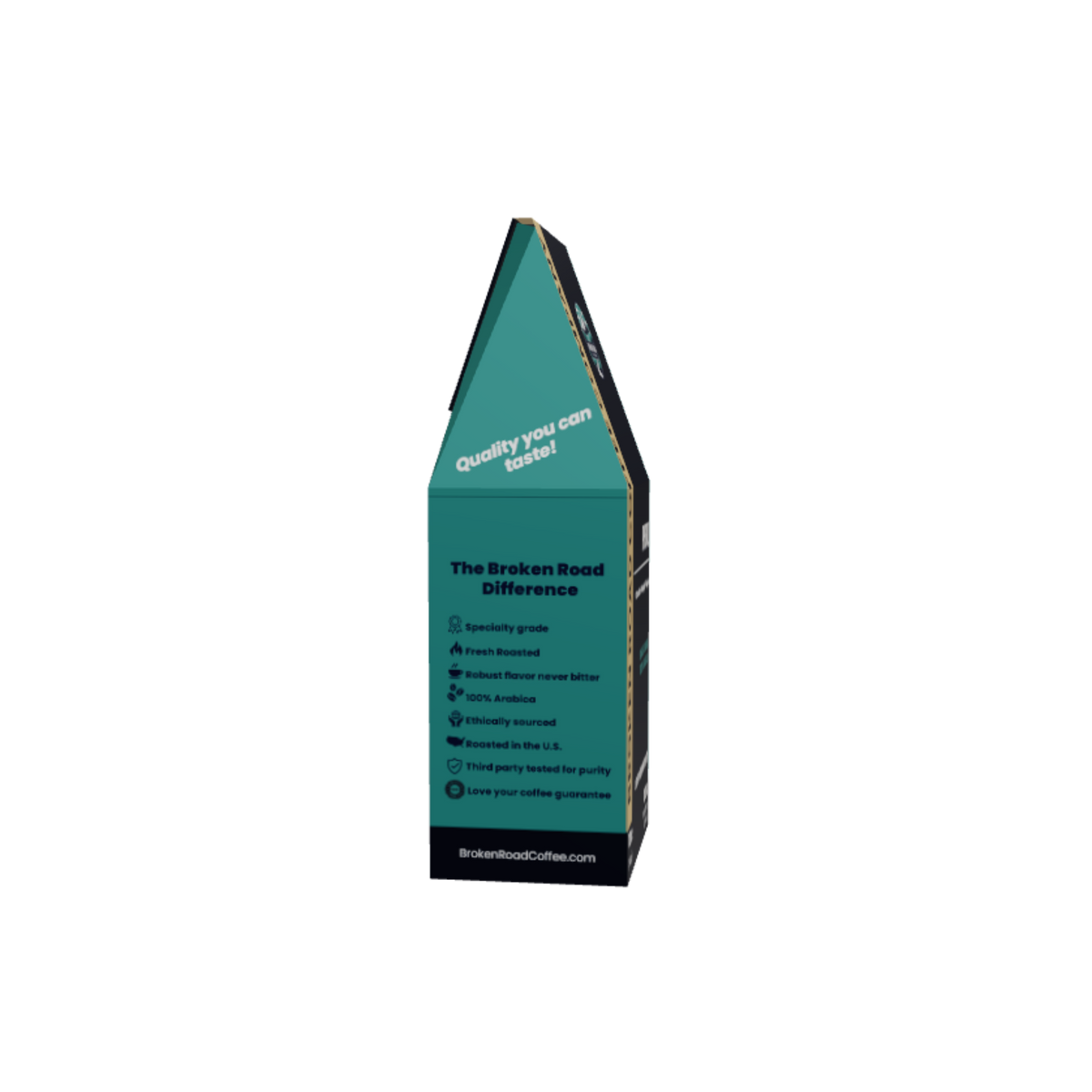 A tall, narrow product box for Broken Road Coffee, featuring a teal and black design with white text on a plain white background.