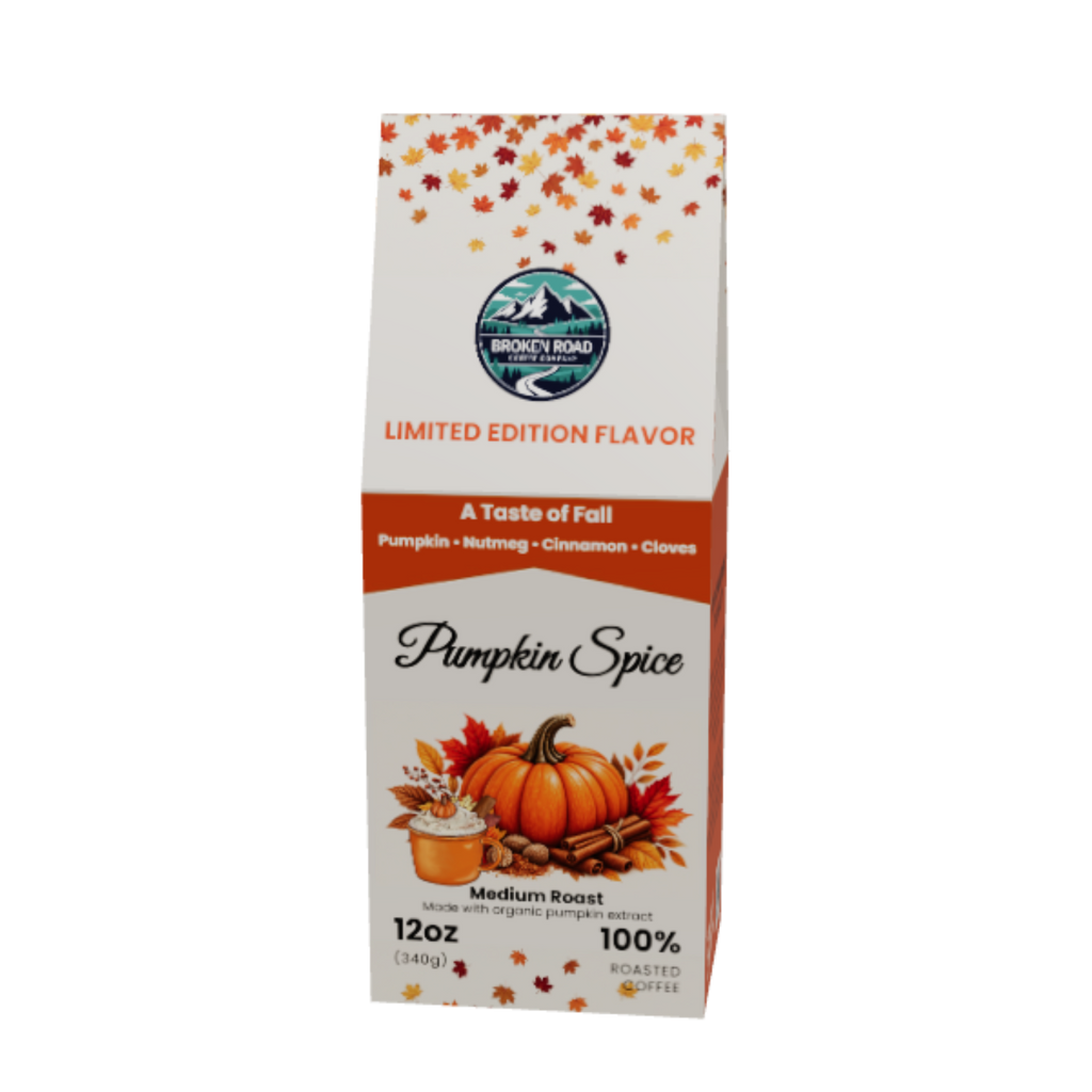 A 12oz box of World's Best Pumpkin Spice Elixir, featuring a white and orange autumn-themed design with illustrations of pumpkins, fall leaves, and coffee cups.