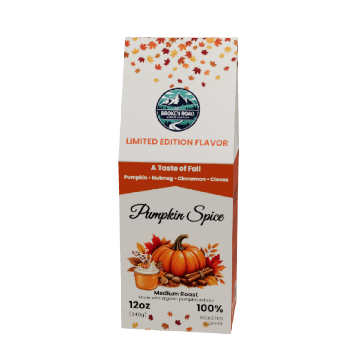 A 12oz box of World's Best Pumpkin Spice Elixir, featuring a white and orange autumn-themed design with illustrations of pumpkins, fall leaves, and coffee cups.