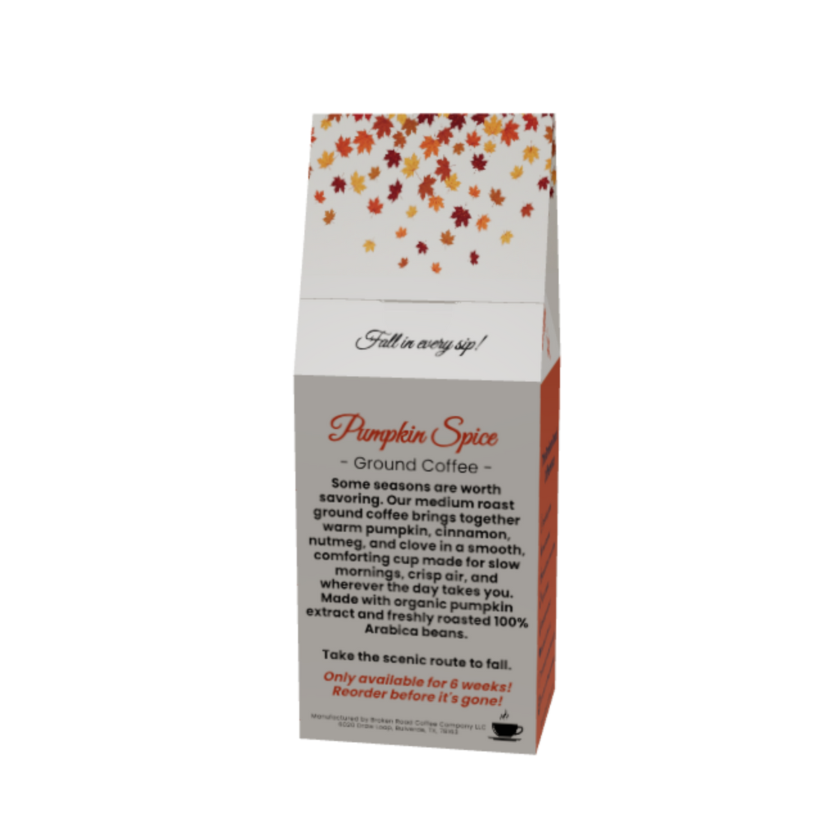 A paper coffee bag package labeled 'Pumpkin Spice Ground Coffee' with a white body, orange side panels, and a multicolor autumn leaf pattern near the top, shown on a plain white background.