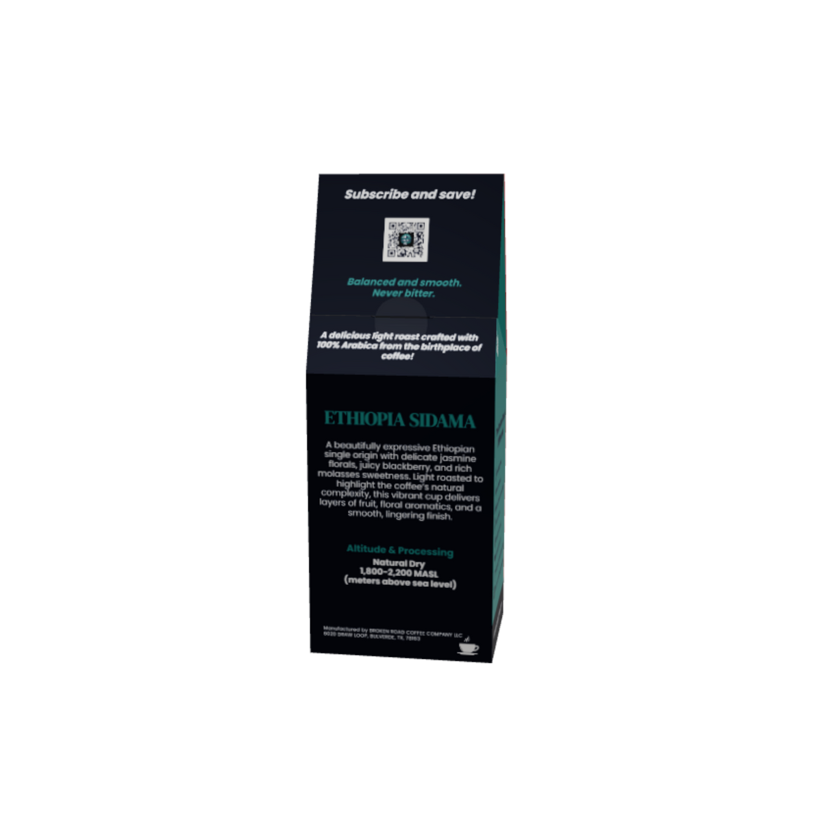 A tall, narrow black coffee bag box for Ethiopia Sidama, featuring white and teal text on a plain white background.