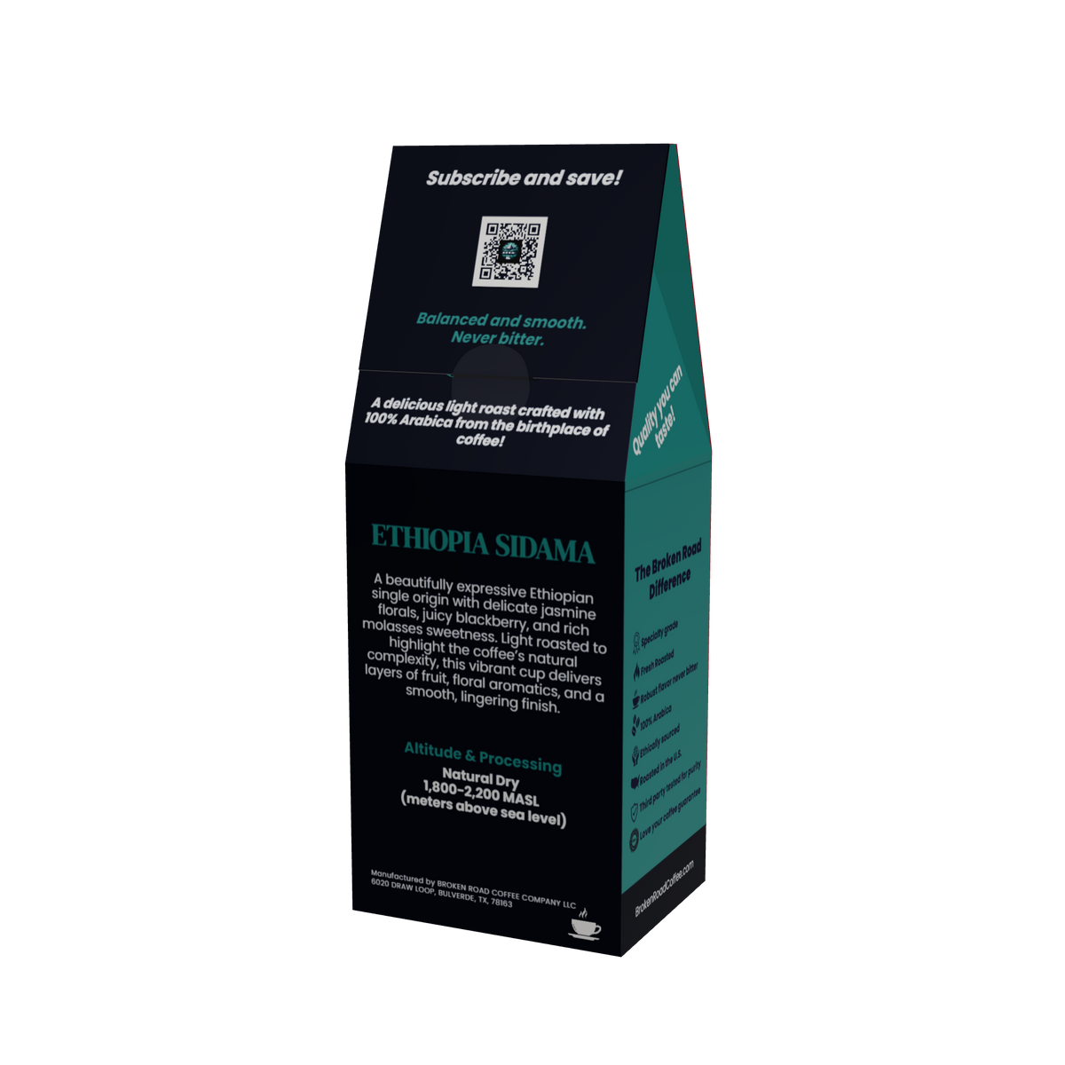 A tall, narrow black coffee bag package with teal side panels and white text, shown on a plain white background. The front reads 'Subscribe and save!' with a QR code, and the bag is labeled Ethiopia Sidama coffee.