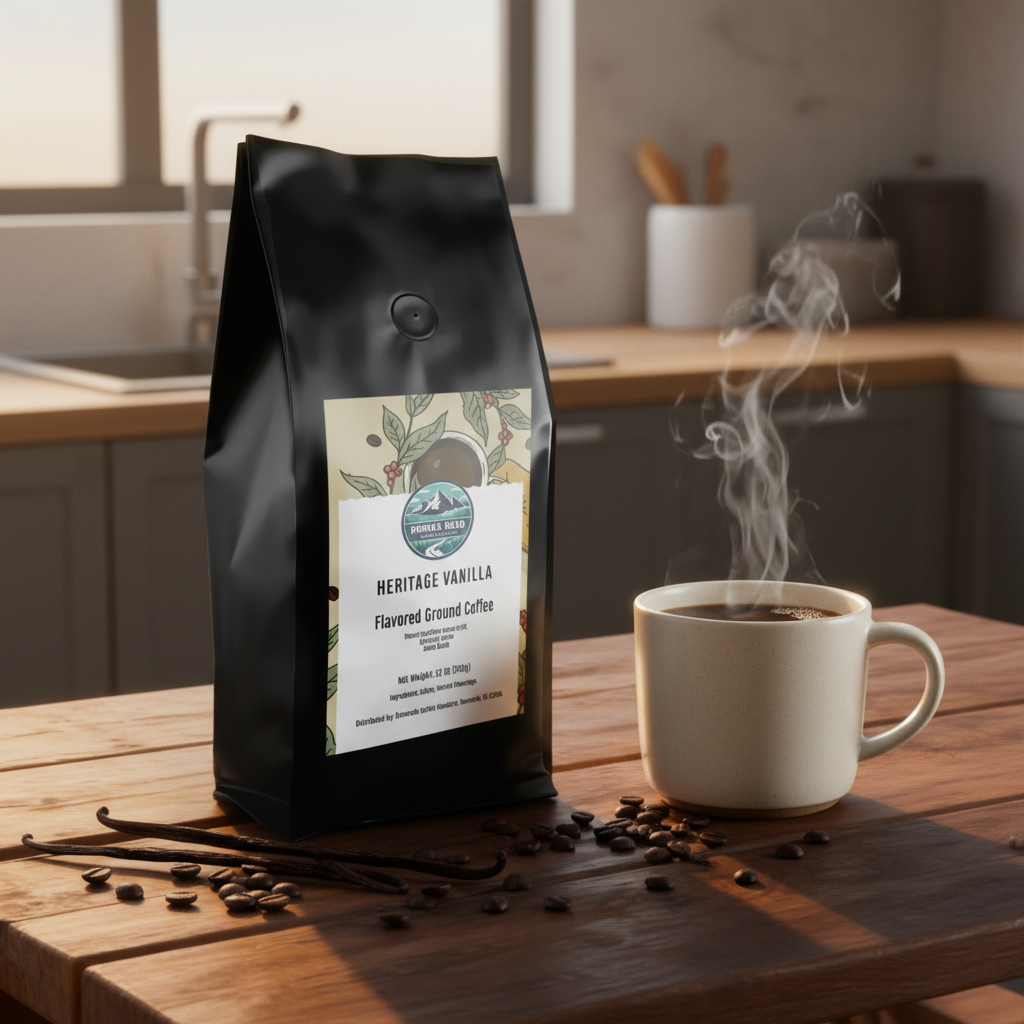 Heritage Vanilla on countertop with coffee and vanilla beans
