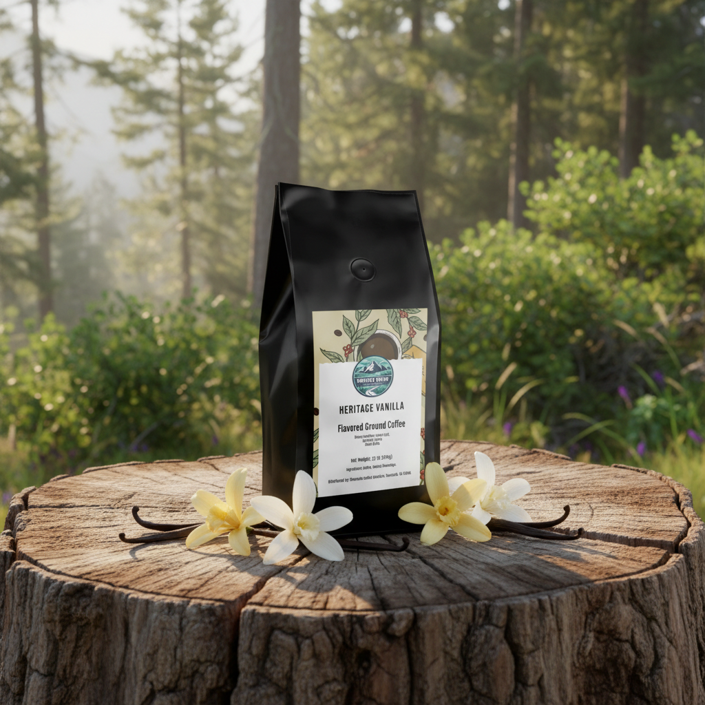 Heritage Vanilla on tree stump with vanilla flowers