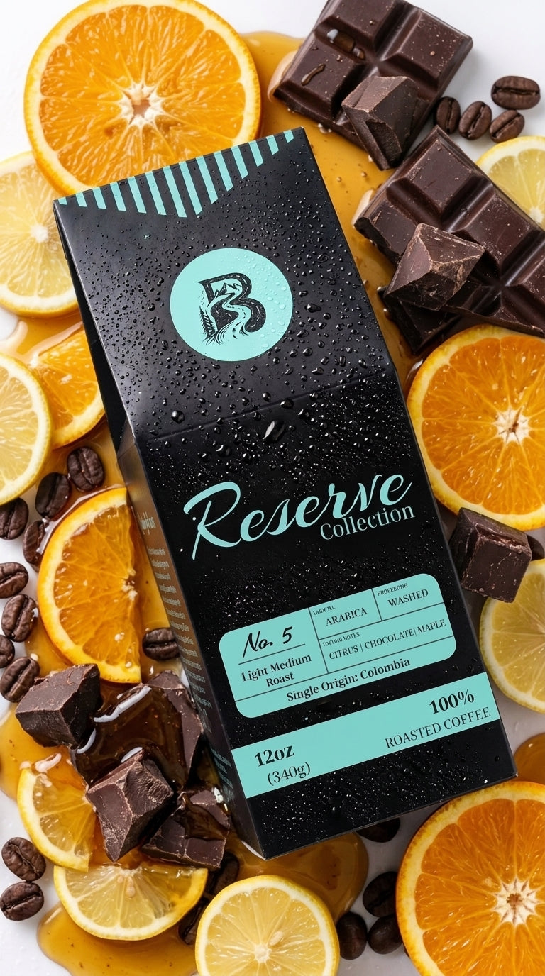 A black coffee bag from Reserve Collection No. 5, surrounded by sliced oranges, coffee beans, and dark chocolate chunks on a white background.