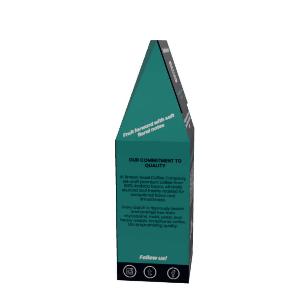 A tall, narrow pyramid-shaped coffee ethiopia sidama product display stand with a dark teal-green face, black base, and white text, photographed on a plain white background.